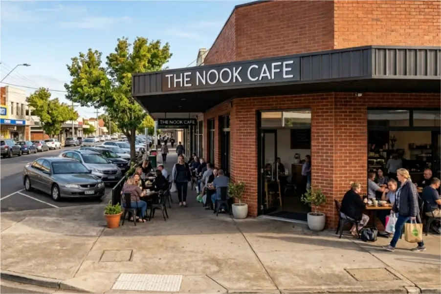 A busy corner cafe named 'The Nook Cafe' with outdoor seating, representing a thriving local Australian small business.
