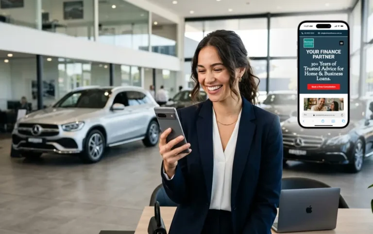 Woman smiling at her phone after getting car loan pre-approval