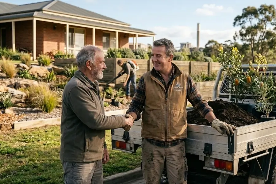 Two male contractors shaking hands by a utility vehicle loaded with landscaping materials outside a home made possible by a finance broker