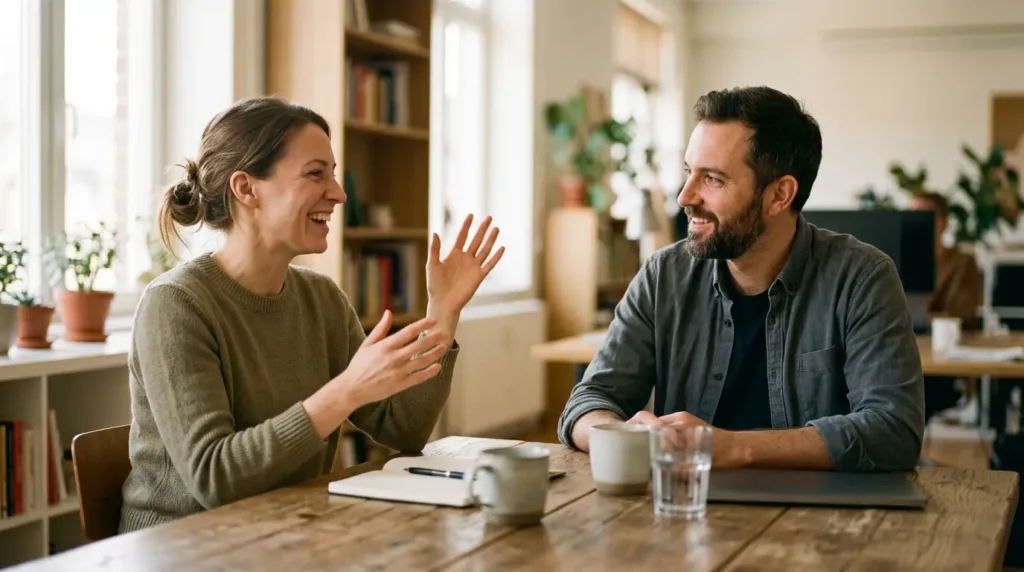 Mortgage broker having a relaxed conversation with a Gippsland homeowner about reviewing their home loan