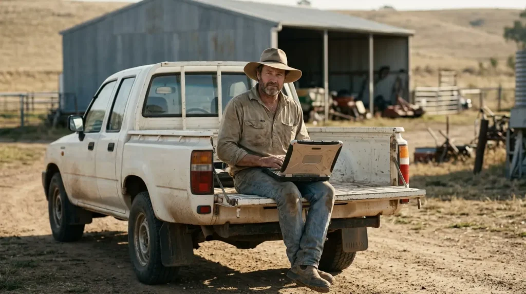 Self-employed farmer using a laptop on his ute in regional Gippsland, the kind of borrower a local broker helps