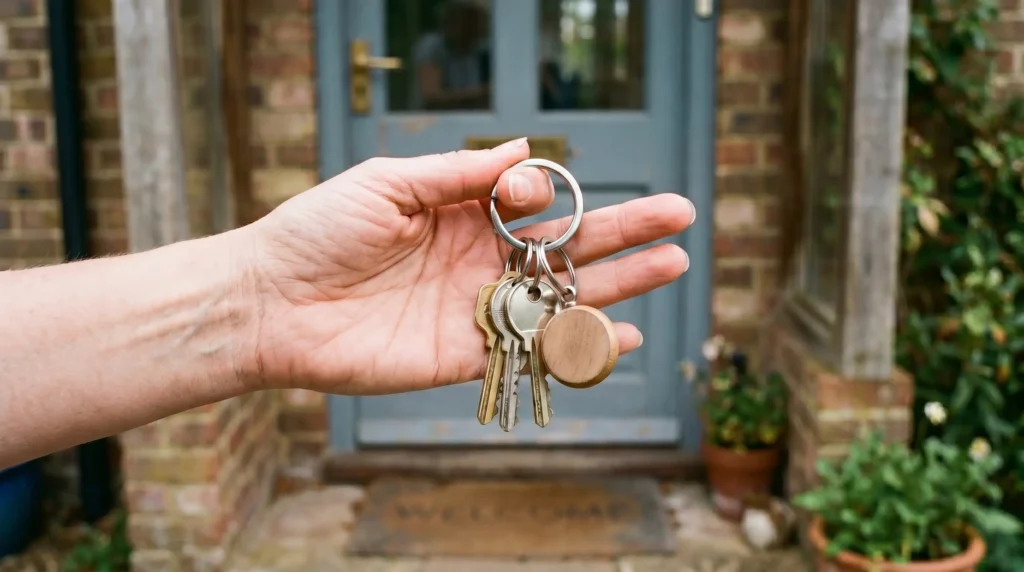 Hand holding the keys to a first home, the result of getting the deposit and scheme sorted