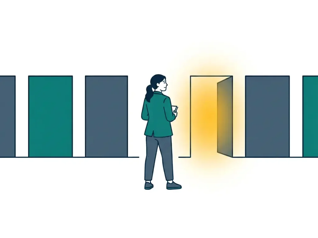 Self-employed borrower facing several doors with one open, showing that one lender's decline is not the end