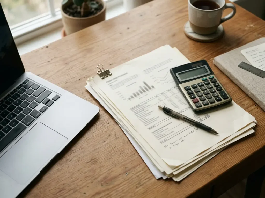 Home loan paperwork, financial statements and a calculator laid out on a desk ready for a lender