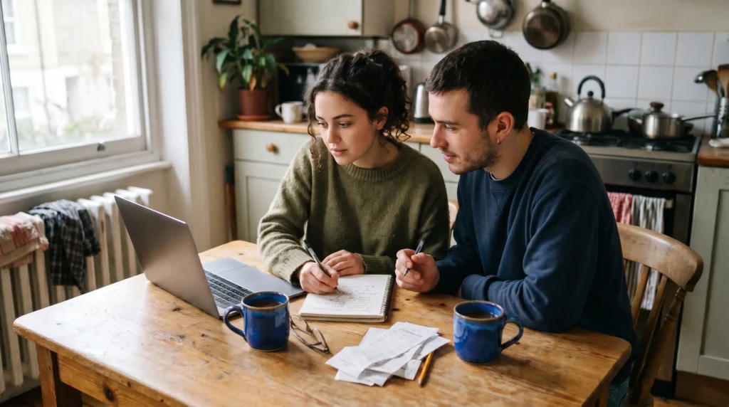 oung couple working out their deposit and eligibility for the first home buyer scheme at their kitchen table