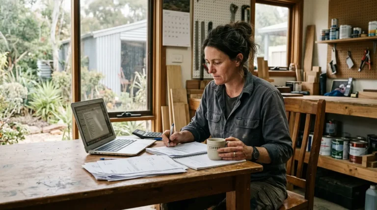 Self-employed tradesperson in a Gippsland workshop reviewing paperwork for a self-employed home loan application