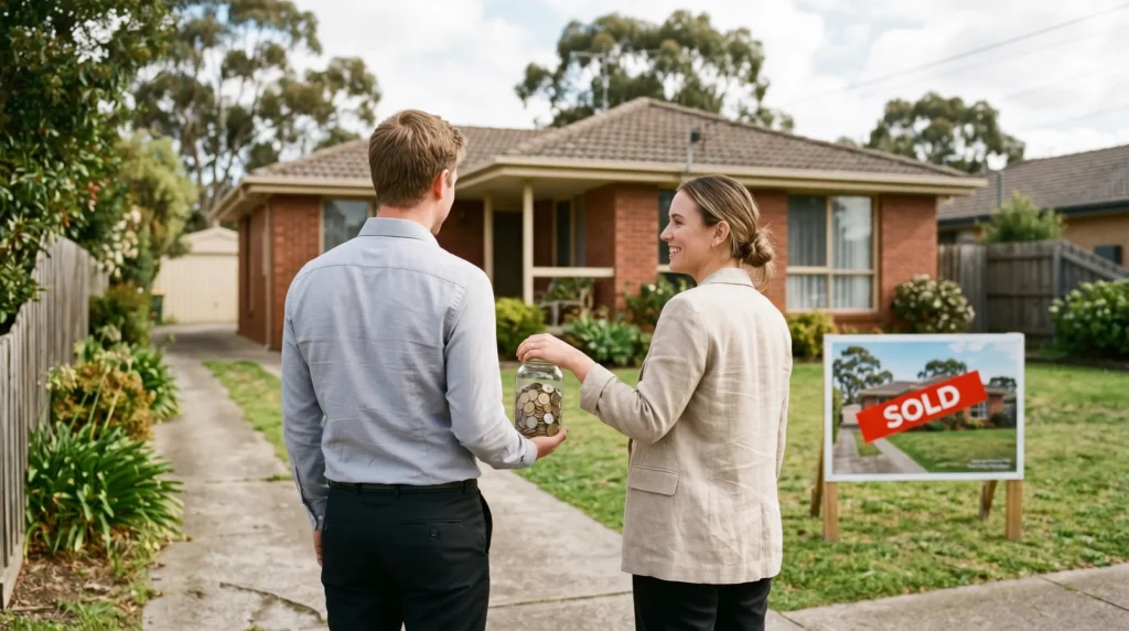 Home buyer handing over a jar of savings in front of a sold Gippsland home, representing a small deposit purchase