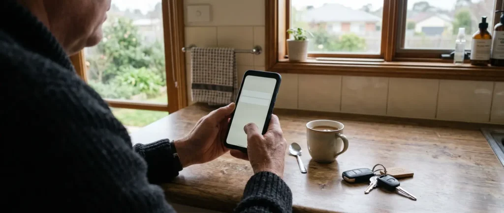 Homeowner checking a banking app to confirm an offset account is linked to the mortgage
