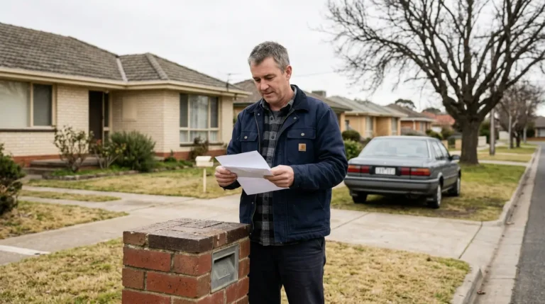 Traralgon homeowner reading a lender letter at the letterbox before refinancing in Gippsland