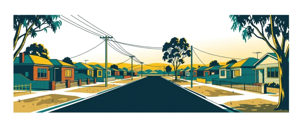 Illustration of a regional Victorian residential street where home loan rates vary across the market