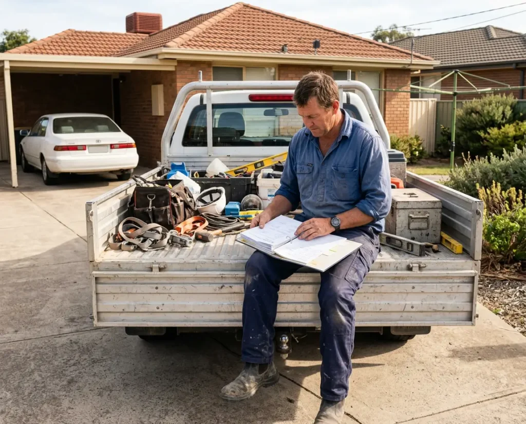 Self-employed borrower reviewing loan documents before applying to refinance