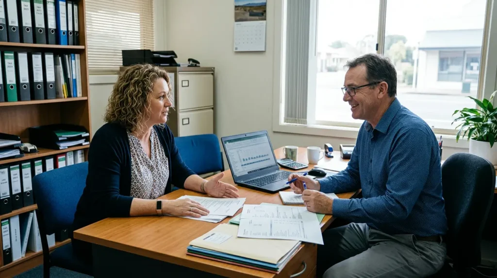 Business owner and accountant reviewing SMSF documents before a commercial property purchase